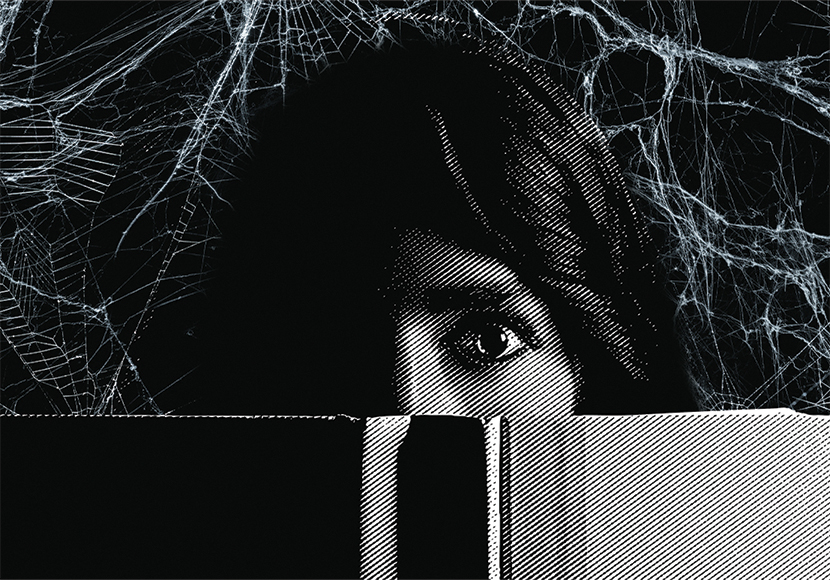 A face partially obscured by a book and surrounded by spider webs.